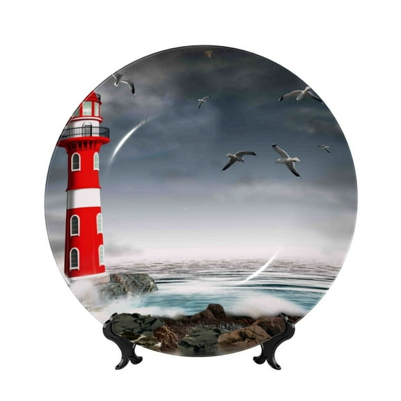 Picia 3d Lighthouse in the Surf Pattern Bone China Decorative Plate – Wall Decor with Stand and Adhesive, Elegant Ornament for Living Room, Office, or Entryway-7in