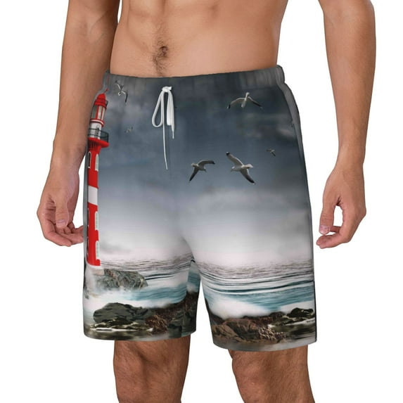 Picia 3d Lighthouse in the Surf pattern Mens Swim Trunks with Compression Liner Stretch Beach Shorts Quick Dry with Zipper Pockets No-Chafing Board Shorts-Small