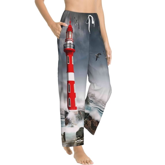Picia 3d Lighthouse in the Surf Womens Soft Woven Cotton Elastic Waistband Sleep Pajama Pant Lounge Sleep Pant With Pockets And Drawstring-Small