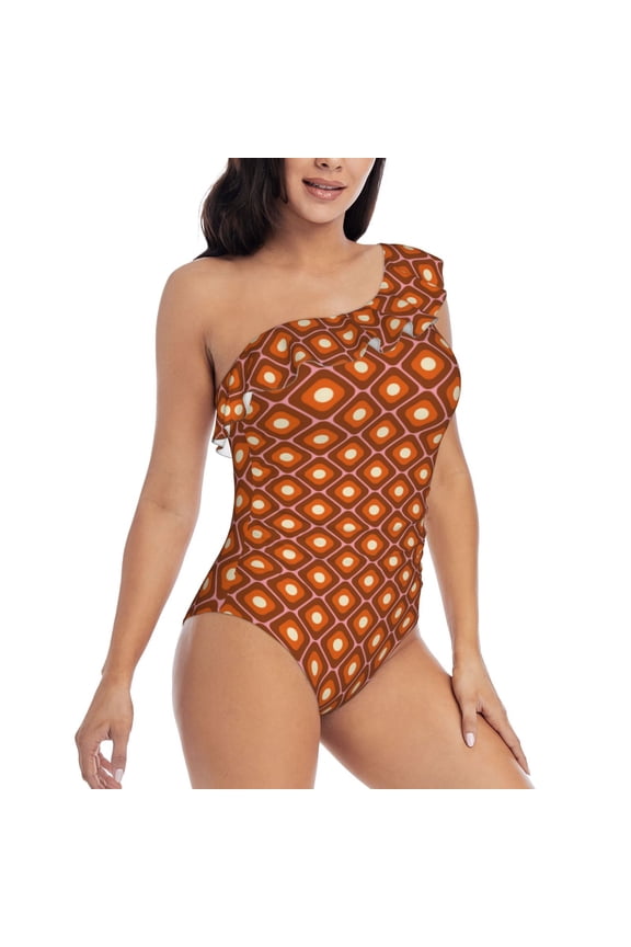 60s and 70s Aesthetic Pattern Women's One Piece Swimsuits,One Shoulder Swimwear Asymmetric ,Ruffle Monokinis Bathing Suits,High Waisted Flattering Bathing Suits-