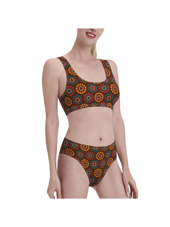 60s and 70s Aesthetic1 Women's High Waisted Bikini Scoop Neck Swimsuit Two Pieces Bathing Suit-Medium