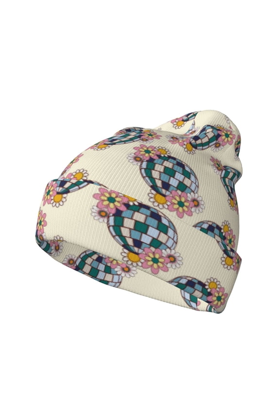 70s Disco Ball Pattern Knitted Beanie Hat for Men and Women , Unisex Winter Warm Stretchy Knit Cap Thick Fisherman Beanies Cuffed Plain Skull Caps