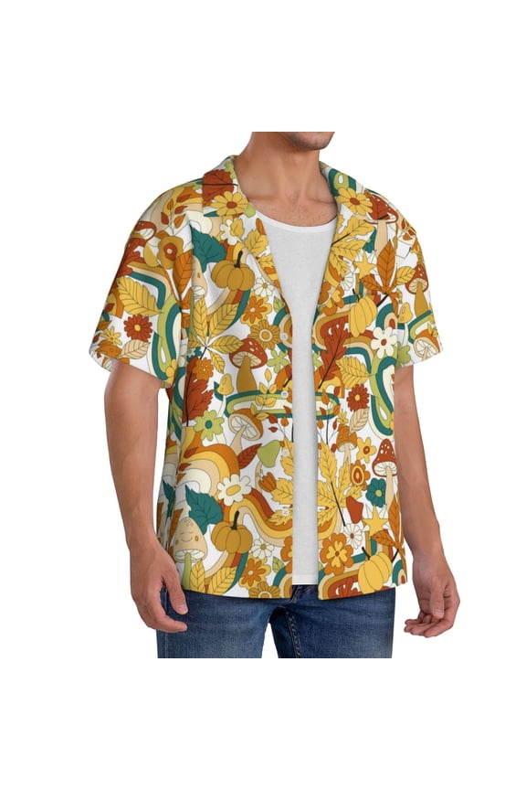 70s Groovy Hippie Men's Linen Shirts Short Sleeve Cuban Beach Shirts Casual Shirts Button Down Shirt for Men Beach Summer Wedding Shirt-X-Large