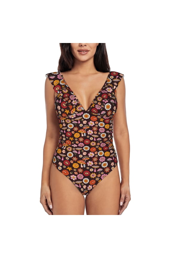 70s Groovy Hippie Retro Blooming Jelly Womens Tummy Control Bathing Suits Slimming Ruffle Swimsuit One Piece Lace Swimwear-