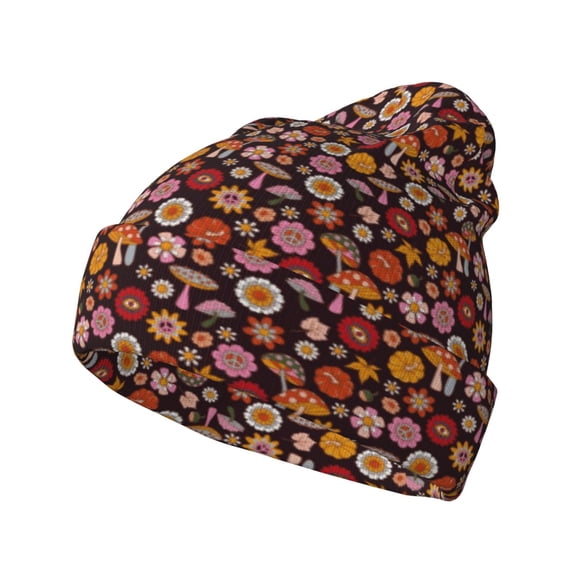 Picia 70s Groovy Hippie Retro Pattern Knitted Beanie Hat for Men and Women , Unisex Winter Warm Stretchy Knit Cap Thick Fisherman Beanies Cuffed Plain Skull Caps