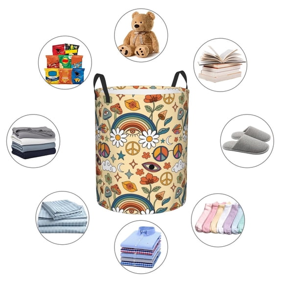 Picia 70s Hippie Style Large Laundry Basket, Waterproof, Freestanding Laundry Hamper, Collapsible Tall Clothes Hamper with Extended Handles-