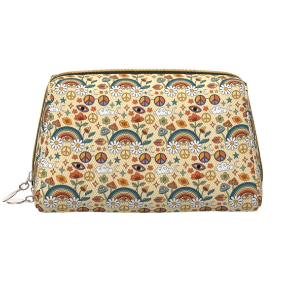 Picia 70s Hippie Style Print Leather Makeup Bag Make Up Bag Travel Toiletry Bag for Her Girlfriend Teacher Teen Girl Gifts