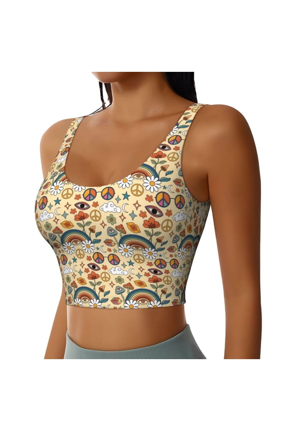 70s Hippie Style Sports Bra for Women,Padded Strappy Sports Bras Medium Support Yoga Bra with Removable Cups,Running Yoga Bra-Medium