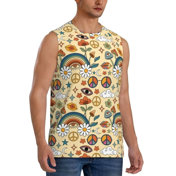 Picia 70s Hippie Style mens Cotton Tank Undershirts , Moisture-wicking Ribbed Tanks, Lightweight Cotton Tank Undershirts-Medium