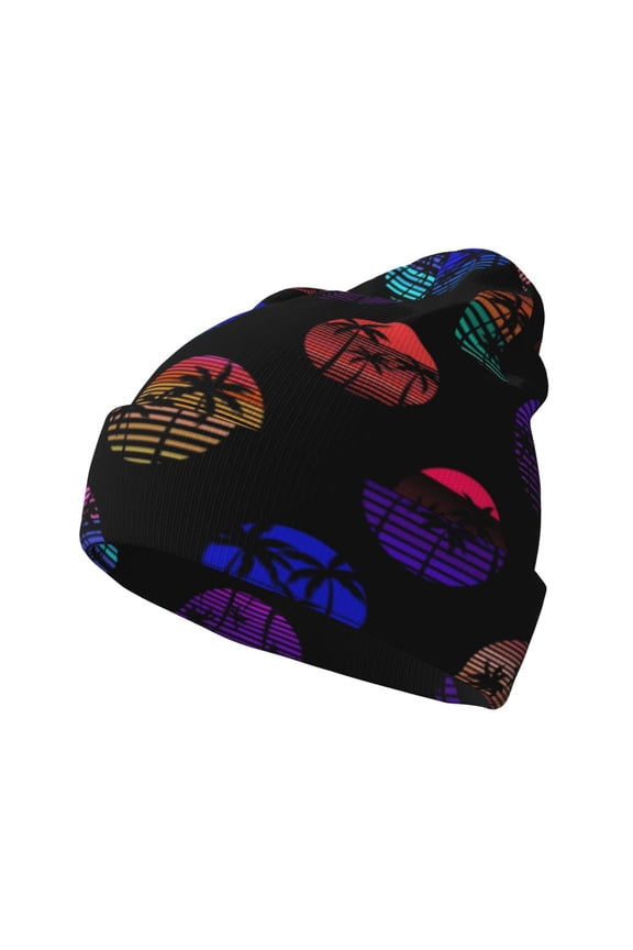 80s Style Palm Trees Pattern Knitted Beanie Hat for Men and Women , Unisex Winter Warm Stretchy Knit Cap Thick Fisherman Beanies Cuffed Plain Skull Caps