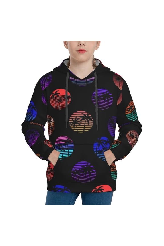 80s Style Palm Trees Pattern Youth Hoodie - Warm Pullover Sweatshirt with Kangaroo Pocket, Ideal for Boys and Girls-Large