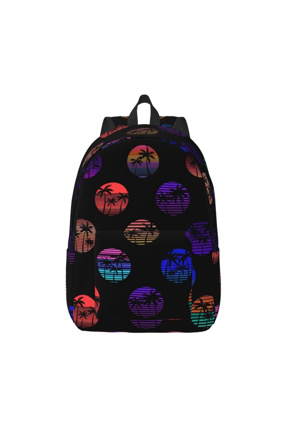 80s Style Palm Trees Printed Canvas Daypack - Stylish and Durable Vintage Compact Backpack - Class, Work, Travel, or Laptop Bookbag,Organized Compartments-Medium