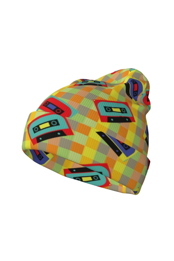 90s Audio Tape Pattern Knitted Beanie Hat for Men and Women , Unisex Winter Warm Stretchy Knit Cap Thick Fisherman Beanies Cuffed Plain Skull Caps