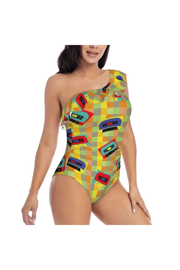 90s Audio Tape Pattern Women's One Piece Swimsuits,One Shoulder Swimwear Asymmetric ,Ruffle Monokinis Bathing Suits,High Waisted Flattering Bathing Suits-Small