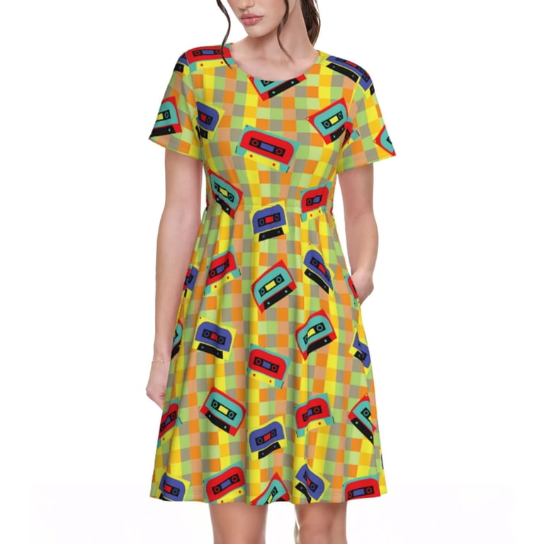 Picia 90s Audio Tape Pattern Women's Short Sleeve Summer Dress Pleated Loose Swing Knee Length Short Sleeve Swing Dresses