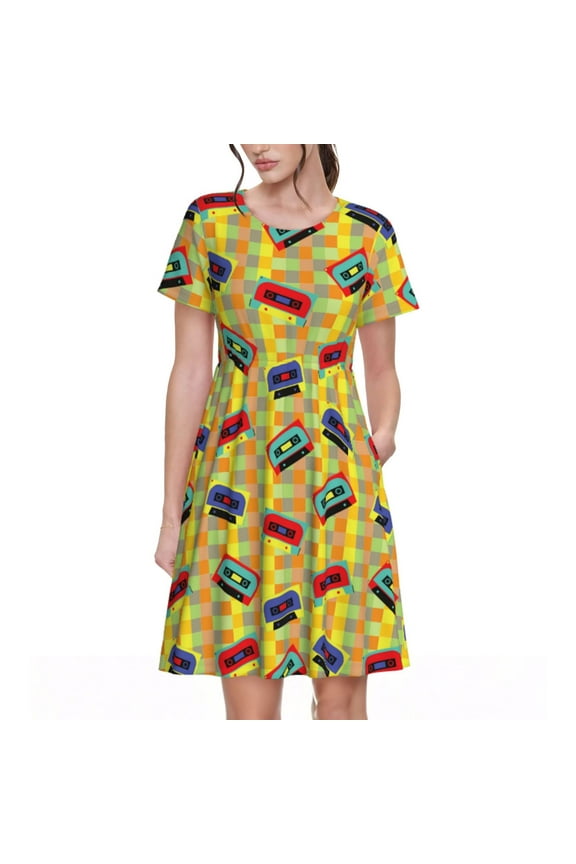 90s Audio Tape Pattern Women's Short Sleeve Summer Dress Pleated Loose Swing Knee Length Short Sleeve Swing Dresses