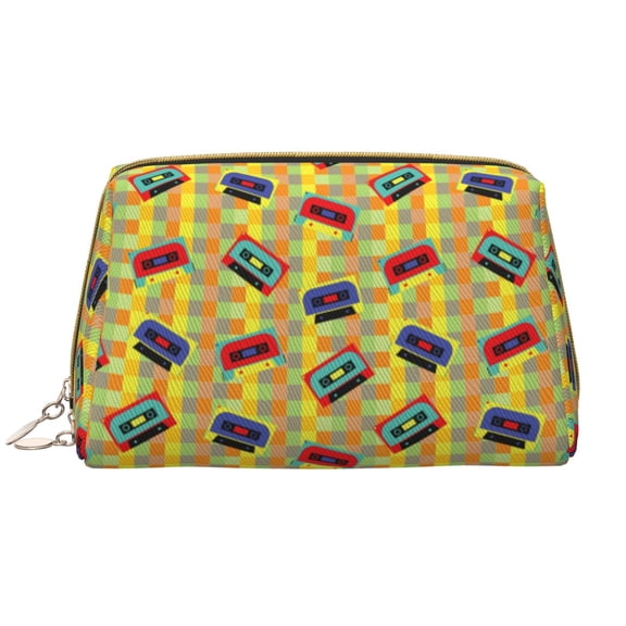 Picia 90s Audio Tape Print Leather Makeup Bag Make Up Bag Travel Toiletry Bag for Her Girlfriend Teacher Teen Girl Gifts