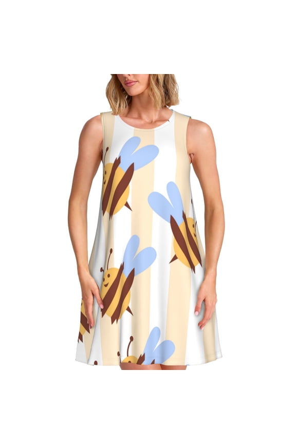 A Bee Print Women’s Sleeveless Midi Swing Dress – A-Line Pleated Tank Sundress, Comfortable and Flowy T-Shirt Dress