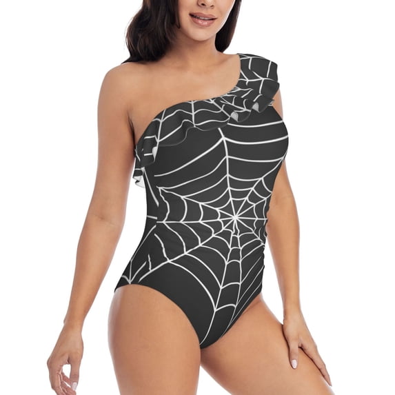Picia A Web With A Spider Pattern Women's One Piece Swimsuits,One Shoulder Swimwear Asymmetric ,Ruffle Monokinis Bathing Suits,High Waisted Flattering Bathing Suits-Large