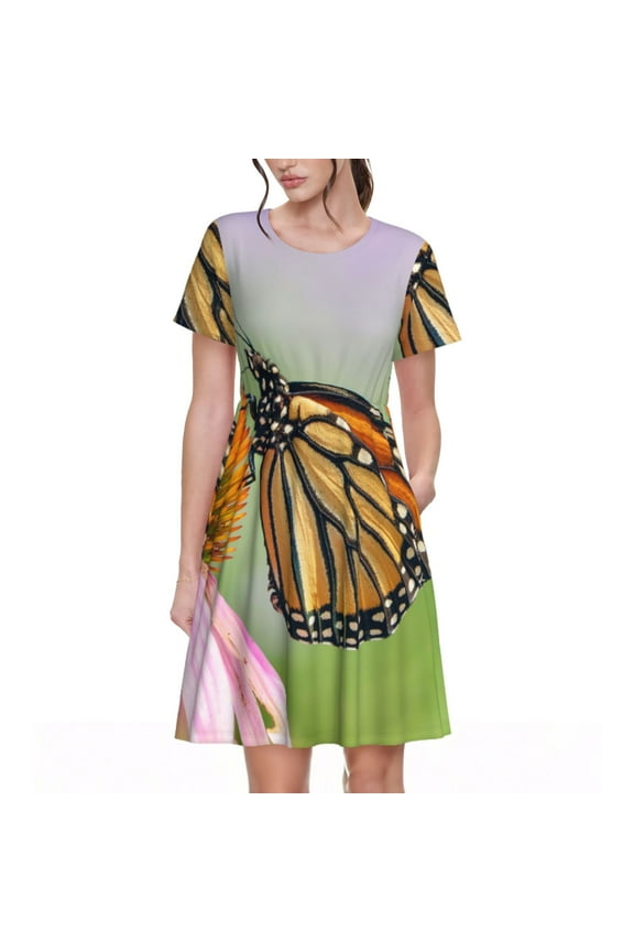 A monarch butterfly Pattern Women's Short Sleeve Summer Dress Pleated Loose Swing Knee Length Short Sleeve Swing Dresses