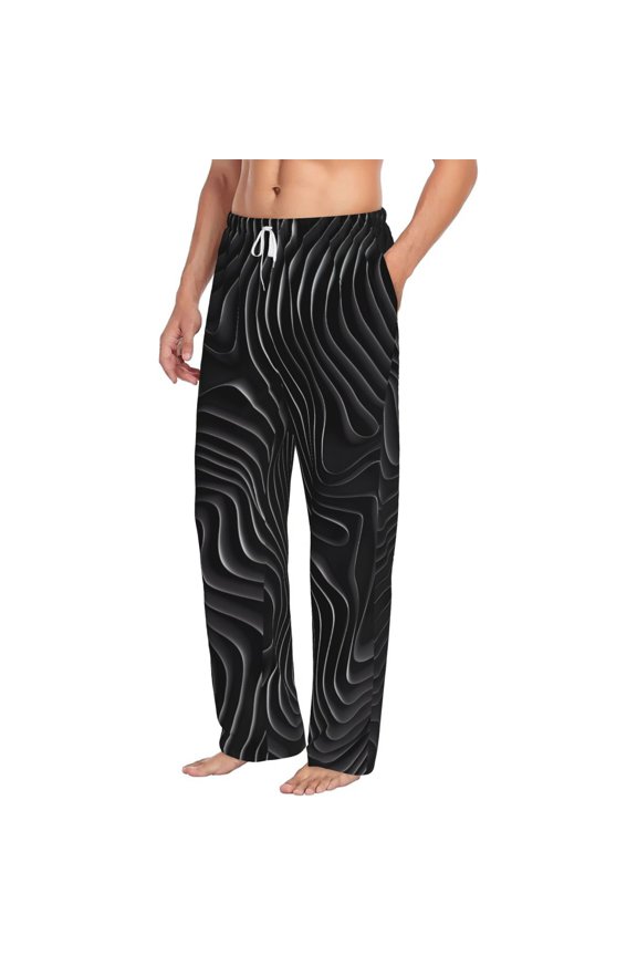Abstract Black And White Waves Mens Soft Woven Cotton Elastic Waistband Sleep Pajama Pant Lounge Sleep Pant With Pockets And Drawstring-XX-Large