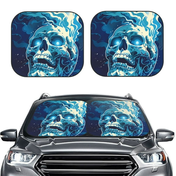 Picia Abstract Blue Skull 2 Piece Car Windshield Sun Shade Foldable | Foldable Sun Shield for Front Window Blocks UV Rays and Keeps Your Vehicle Cool-Medium