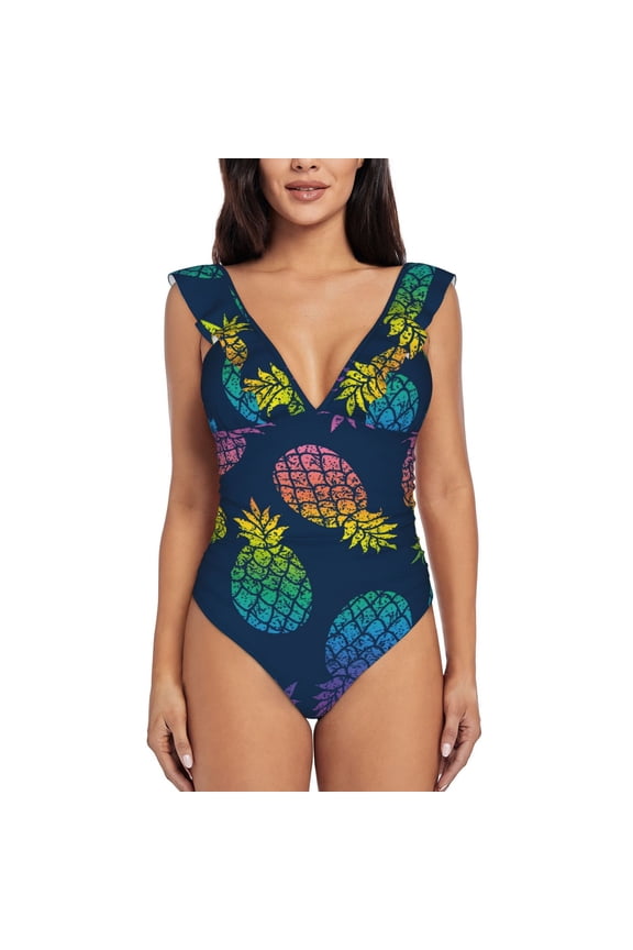 Abstract Bright Pineapple Fruit Retro Blooming Jelly Womens Tummy Control Bathing Suits Slimming Ruffle Swimsuit One Piece Lace Swimwear-