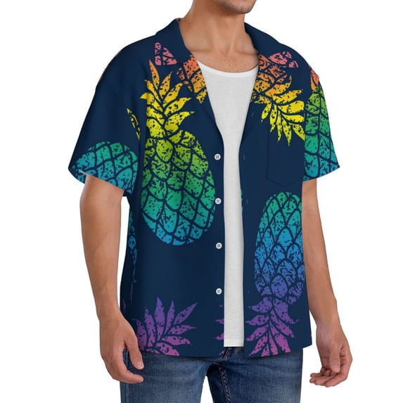 Picia Abstract Bright Pineapple Fruit Retro Men's Linen Shirts Short Sleeve Cuban Beach Shirts Casual Shirts Button Down Shirt for Men Beach Summer Wedding Shirt-Small