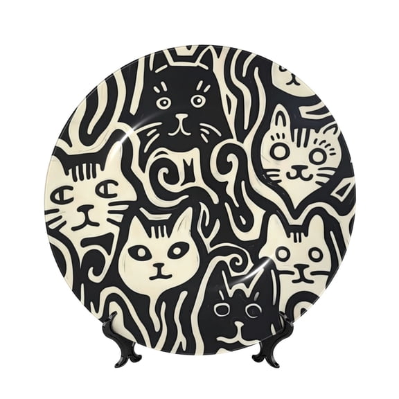 Picia Abstract Cat Faces Pattern Pattern Bone China Decorative Plate – Wall Decor with Stand and Adhesive, Elegant Ornament for Living Room, Office, or Entryway-6in