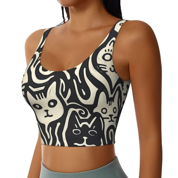 Picia Abstract Cat Faces Pattern Sports Bra for Women,Padded Strappy Sports Bras Medium Support Yoga Bra with Removable Cups,Running Yoga Bra-Large