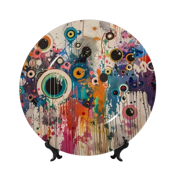 Picia Abstract Colorful Dripping Circles Pattern Bone China Decorative Plate – Wall Decor with Stand and Adhesive, Elegant Ornament for Living Room, Office, or Entryway-8in