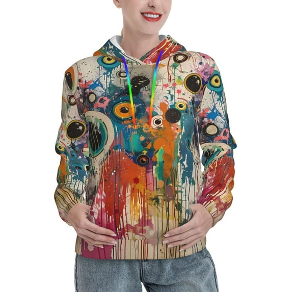 Picia Abstract Colorful Dripping Circles Pattern Casual Women's Hoodie, Hooded Sweatshirt with Kangaroo Pocket, Comfortable Pullover with Eye-catching Drawstrings-X-Large