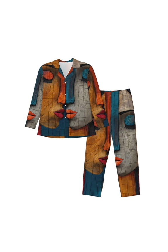 Abstract Colorful Duality Pattern Men’s Long-Sleeve Sleepwear Set - Soft 2-Piece Loungewear with Pockets, Comfy PJs for Relaxing Nights-XX-Large