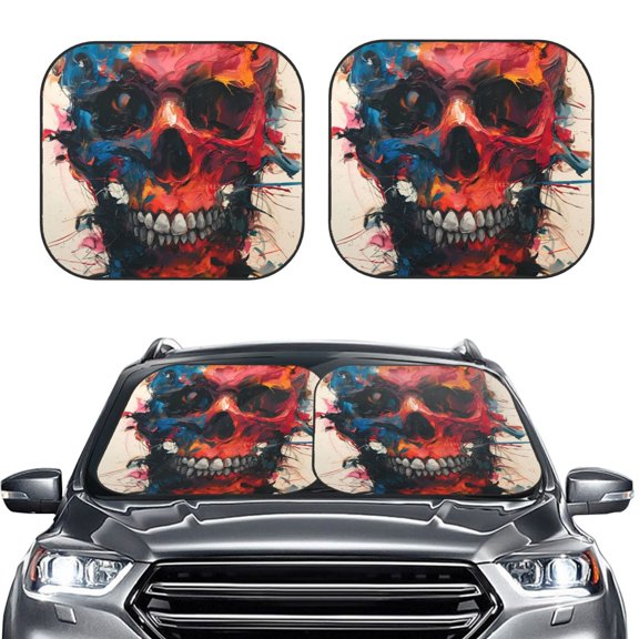 Picia Abstract Colorful Skull Art 2 Piece Car Windshield Sun Shade Foldable | Foldable Sun Shield for Front Window Blocks UV Rays and Keeps Your Vehicle Cool-Small