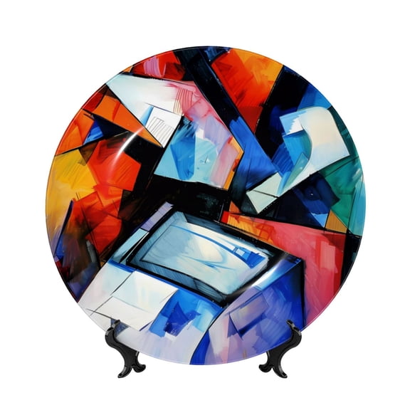 Picia Abstract Cubist Printer Pattern Bone China Decorative Plate – Wall Decor with Stand and Adhesive, Elegant Ornament for Living Room, Office, or Entryway-8in