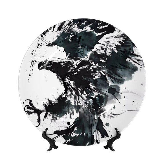 Picia Abstract Eagle Ink Pattern Bone China Decorative Plate – Wall Decor with Stand and Adhesive, Elegant Ornament for Living Room, Office, or Entryway-8in