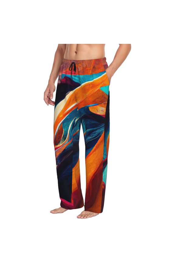 Abstract Fabric Color Waves Mens Soft Woven Cotton Elastic Waistband Sleep Pajama Pant Lounge Sleep Pant With Pockets And Drawstring-Small