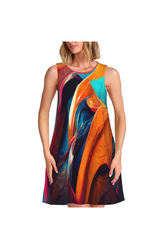 Abstract Fabric Color Waves Print Women’s Sleeveless Midi Swing Dress – A-Line Pleated Tank Sundress, Comfortable and Flowy T-Shirt Dress