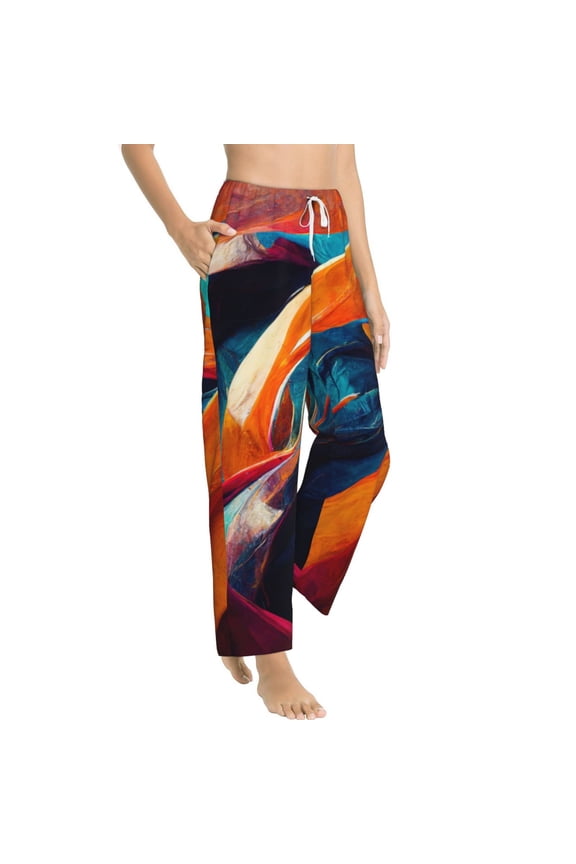 Abstract Fabric Color Waves Womens Soft Woven Cotton Elastic Waistband Sleep Pajama Pant Lounge Sleep Pant With Pockets And Drawstring-Medium