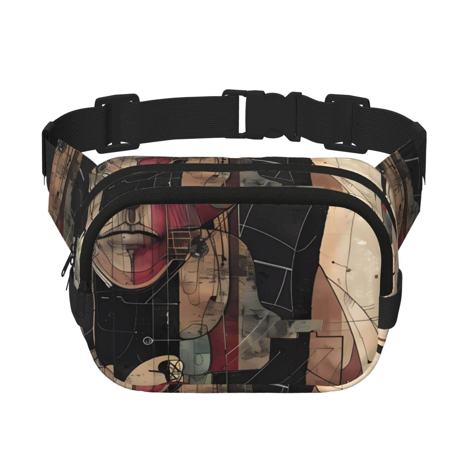 Picia Abstract Geometric Faces Print Square Double-Layer Waist Bag Mini Adjustable Waist Belt Bag Exercise Running Travel Hiking