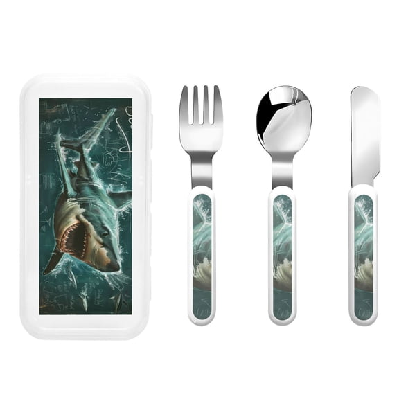 Picia Abstract Geometric Shark Print Children's Knife, Fork And Spoon Set - Kids Knife Fork Spoon - Stainless Steel Kids Silverware Set - Metal Kids Cutlery Set