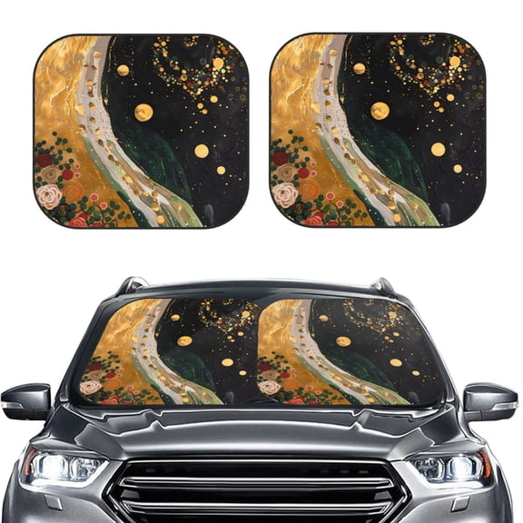 Picia Abstract Gold Floral Galaxy 2 Piece Car Windshield Sun Shade Foldable | Foldable Sun Shield for Front Window Blocks UV Rays and Keeps Your Vehicle Cool-Small