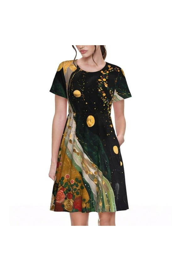 Abstract Gold Floral Galaxy Pattern Women's Short Sleeve Summer Dress Pleated Loose Swing Knee Length Short Sleeve Swing Dresses