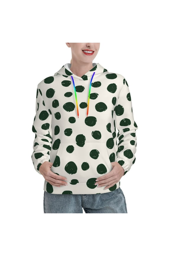 Abstract Green Polka Dot Pattern Casual Women's Hoodie, Hooded Sweatshirt with Kangaroo Pocket, Comfortable Pullover with Eye-catching Drawstrings-Small