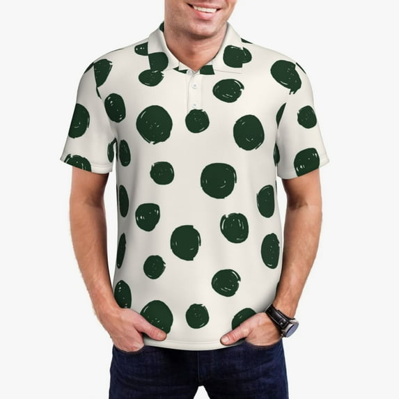 Picia Abstract Green Polka Dot Print Men's Polo Shirt, Two-Button Closure Pique Polo Shirt, Summer Fashion Golf Shirt-4X-Large