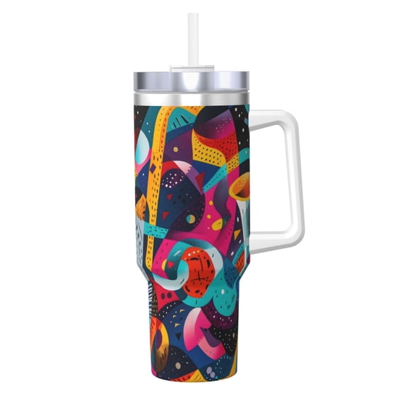 Picia Abstract Jazz Instrumental Pattern 40oz Ice Bully Insulated Tumbler with Handle, Double-Wall Stainless Steel Cup, Leak-Proof Lid and Straw