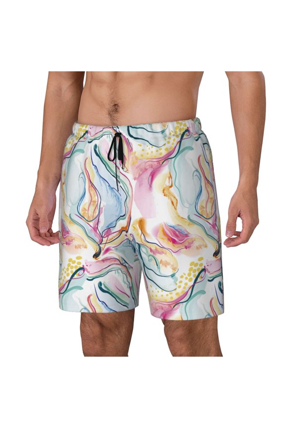 Abstract Marble Texture pattern Mens Swim Trunks with Compression Liner Stretch Beach Shorts Quick Dry with Zipper Pockets No-Chafing Board Shorts-Large