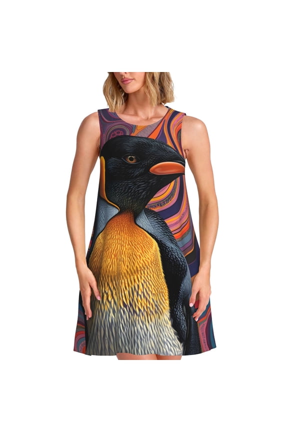 Abstract Pattern Penguin Print Women’s Sleeveless Midi Swing Dress – A-Line Pleated Tank Sundress, Comfortable and Flowy T-Shirt Dress