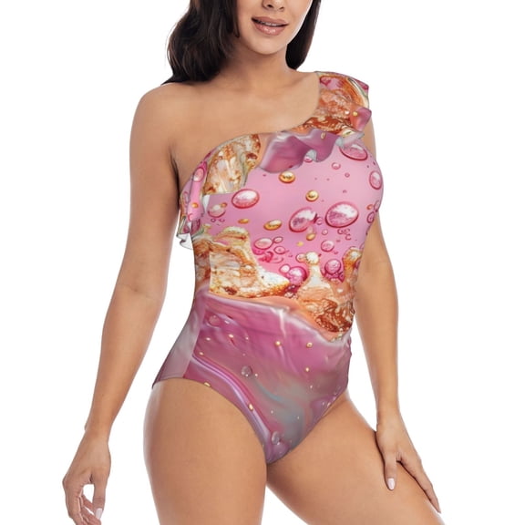Picia Abstract Pink Gold Splash Pattern Women's One Piece Swimsuits,One Shoulder Swimwear Asymmetric ,Ruffle Monokinis Bathing Suits,High Waisted Flattering Bathing Suits-Small