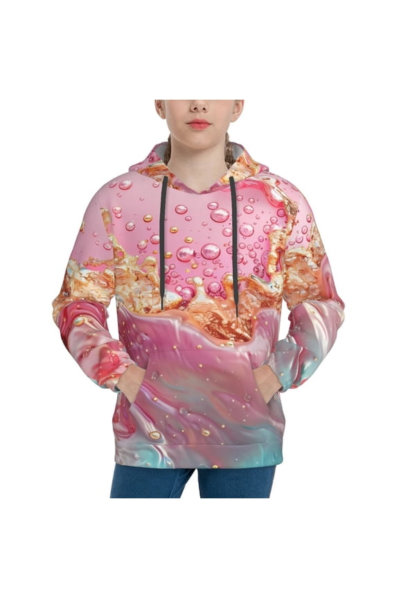 Abstract Pink Gold Splash Pattern Youth Hoodie - Warm Pullover Sweatshirt with Kangaroo Pocket, Ideal for Boys and Girls-Medium